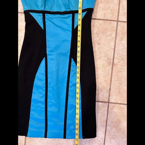 Bebe Melany Mesh Top Satin Stretch Turquoise Black Bodycon Pencil Dress XS NWT - Picture 7 of 15